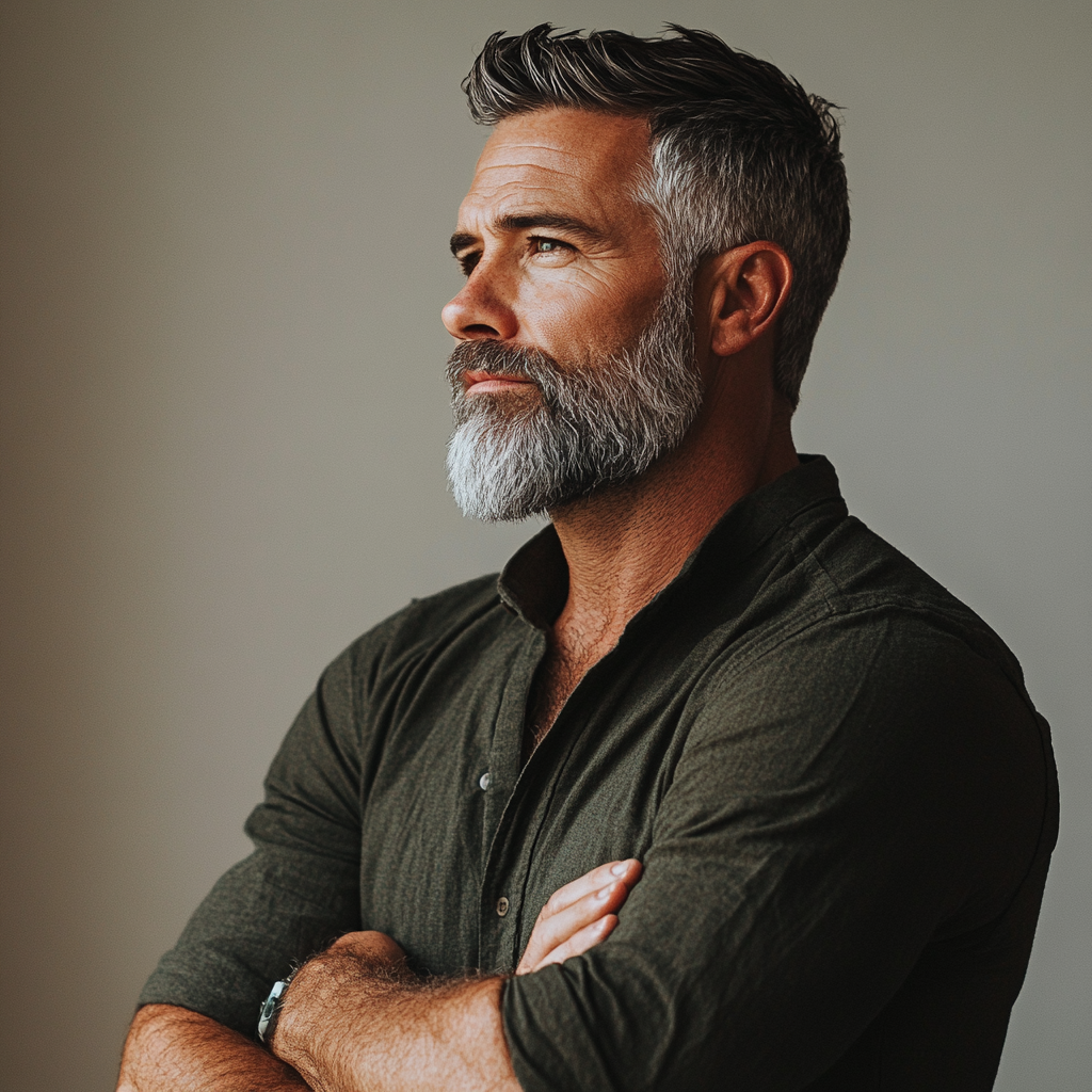 Fit and confident gray-bearded man looking into the distance, symbolizing self-discipline and vitality linked to semen retention and its potential benefits for testosterone, focus, and energy