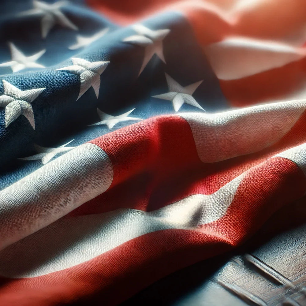 Close-up of an American flag with rich texture and lighting, symbolizing Forty Health’s premium, elite, all-American men’s health and wellness solutions.