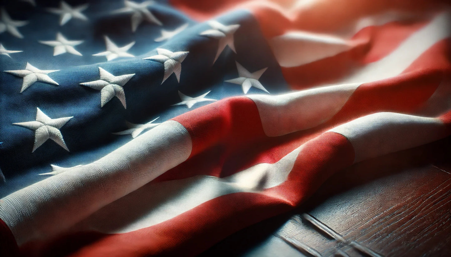 Close-up of an American flag with rich texture and lighting, symbolizing Forty Health’s premium, elite, all-American men’s health and wellness solutions.