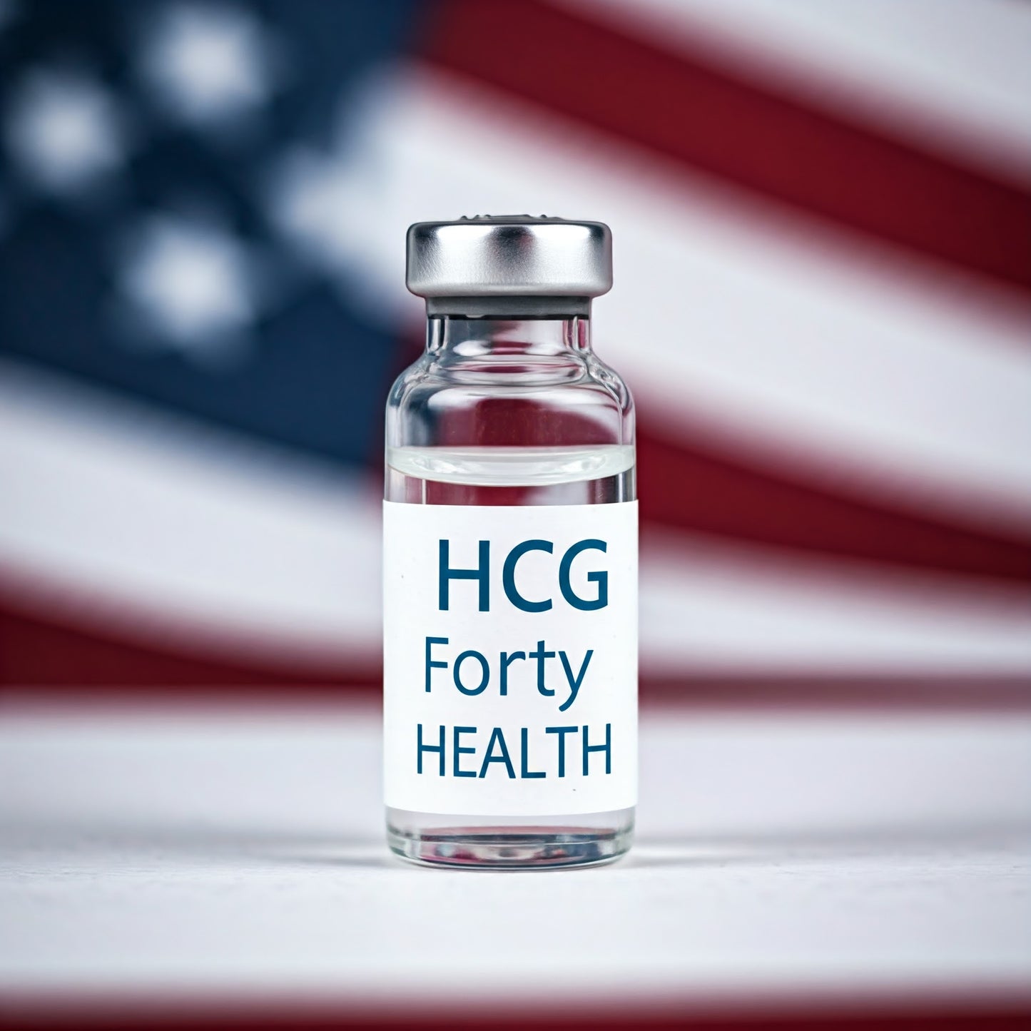 Premium HCG vial by Forty Health, designed for men's fertility support, testicular protection, and hormone optimization, set against a patriotic American flag background by Forty Health. 